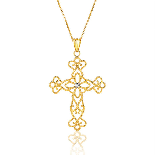 14K yellow gold cross pendant with a single round diamond stone