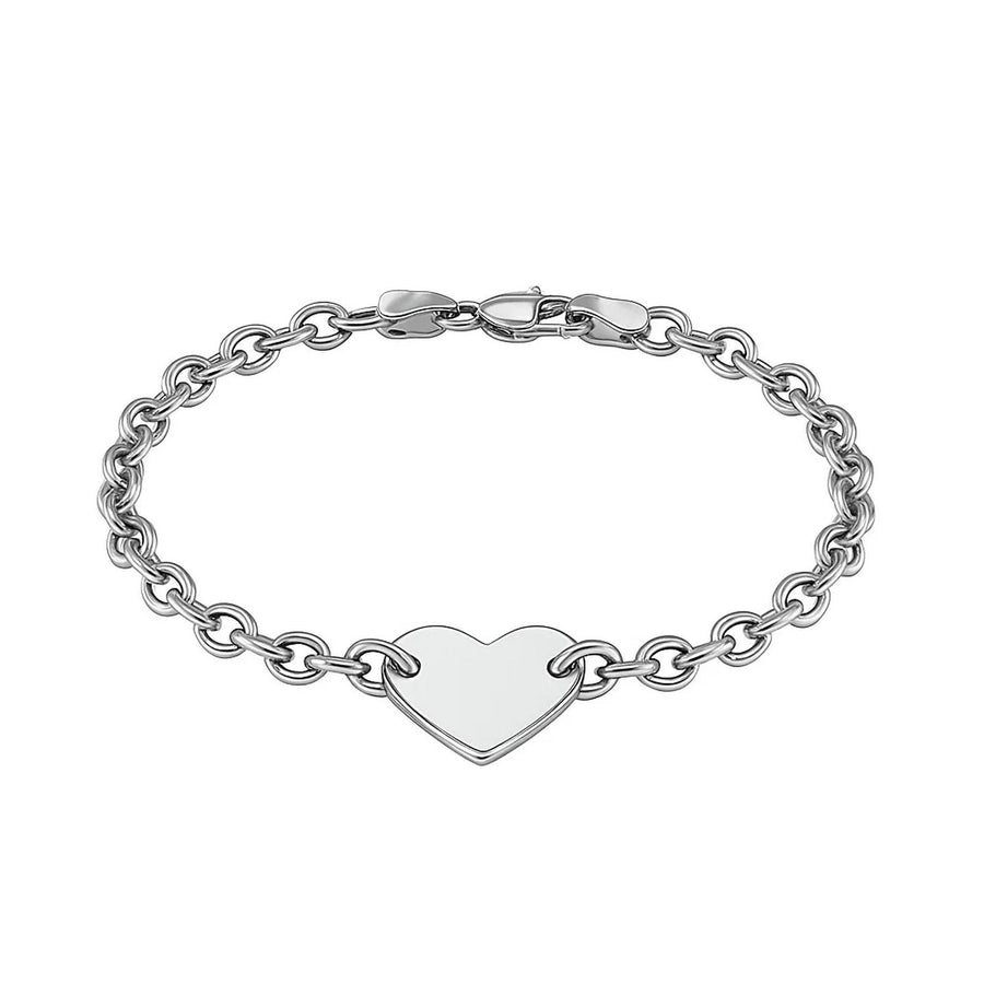 Sterling Silver Rhodium Plated Chain Bracelet with a Flat Heart Station