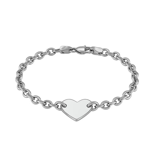 Sterling Silver Rhodium Plated Chain Bracelet with a Flat Heart Station