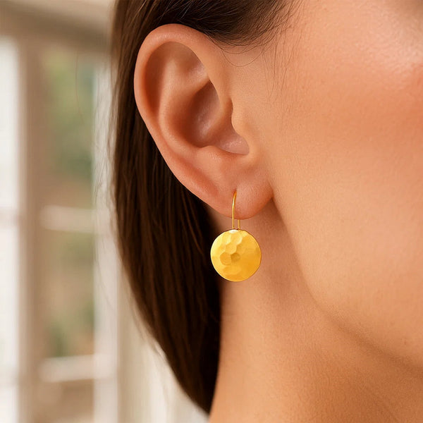 14k Yellow Gold Hammered Texture Disc Drop Earrings Medium