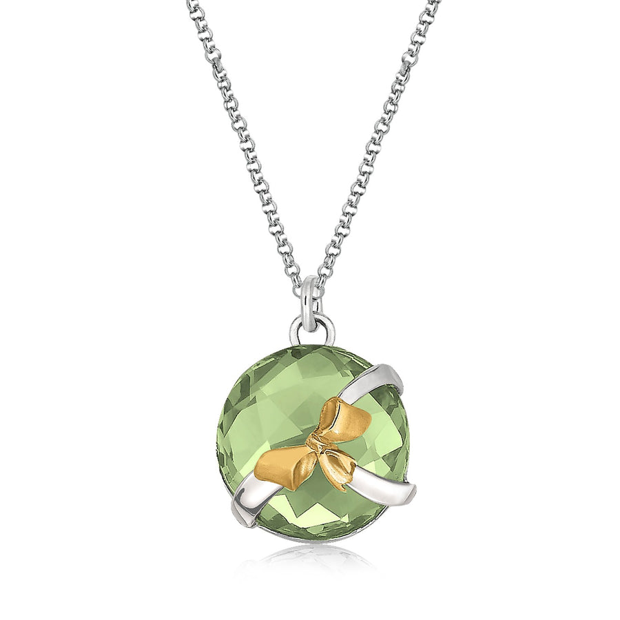 18K Yellow Gold and Sterling Silver Pendant with Bow and Green Amethyst Accents