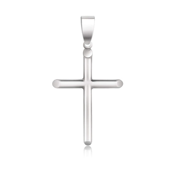 14K white gold slim cross pendant with tapered ends and polished finish