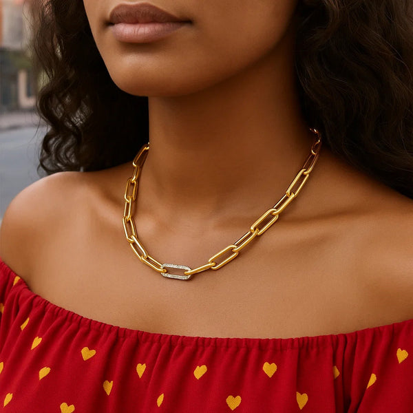 14k Yellow Gold Paperclip Chain Necklace with Diamond Link
