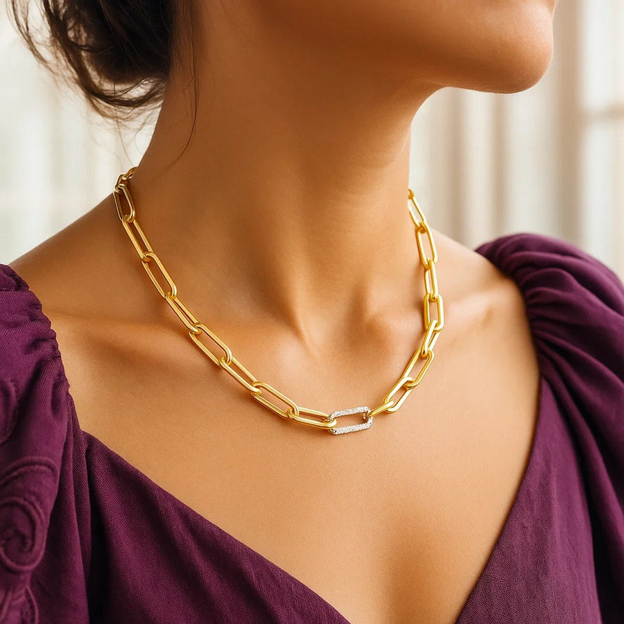 14k Yellow Gold Paperclip Chain Necklace with Diamond Link