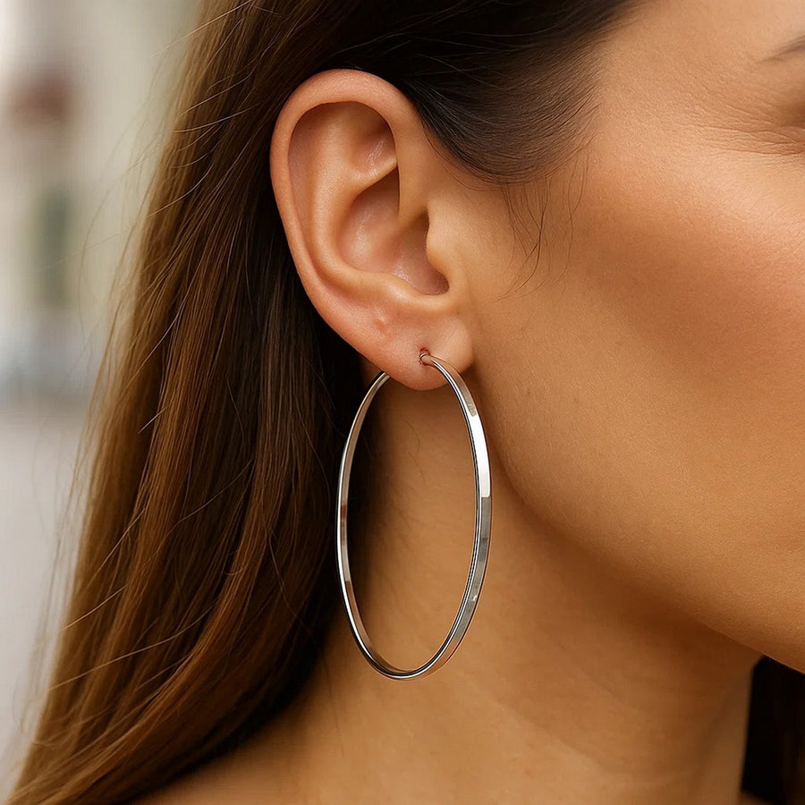 Sterling Silver Large Rectangular Profile Polished Hoop Earrings(75mm)