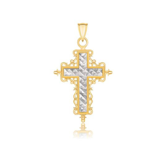 14K two-tone gold cross pendant with diamond-cut baroque detailing