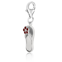 Sterling Silver Flip Flop Charm With Red Enameled Flower Detailing