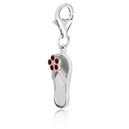 Sterling Silver Flip Flop Charm With Red Enameled Flower Detailing