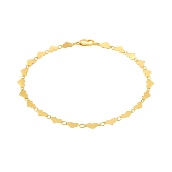 14k Yellow Gold 7 inch Mirrored Heart Chain Bracelet