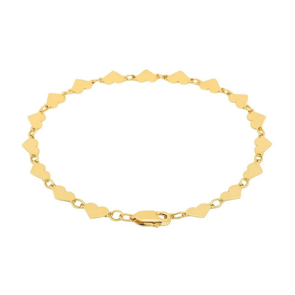 14k Yellow Gold 7 inch Mirrored Heart Chain Bracelet