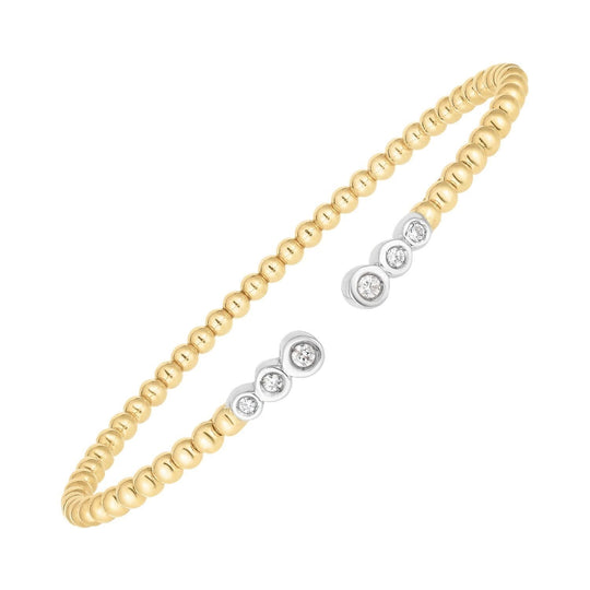 14K two-tone gold beaded cuff bangle with round diamond accents