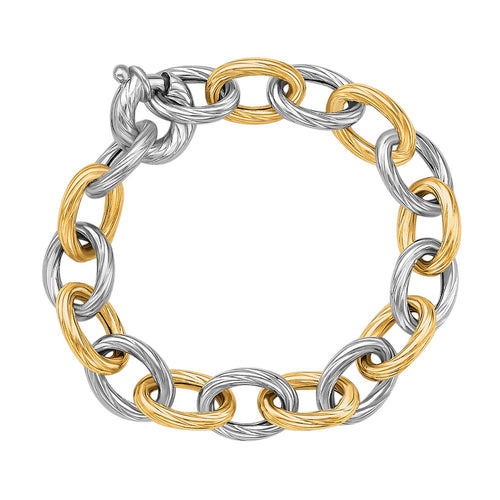 18k Yellow Gold and Sterling Silver Rhodium Plated Diamond Cut Chain Bracelet (9.65 mm)