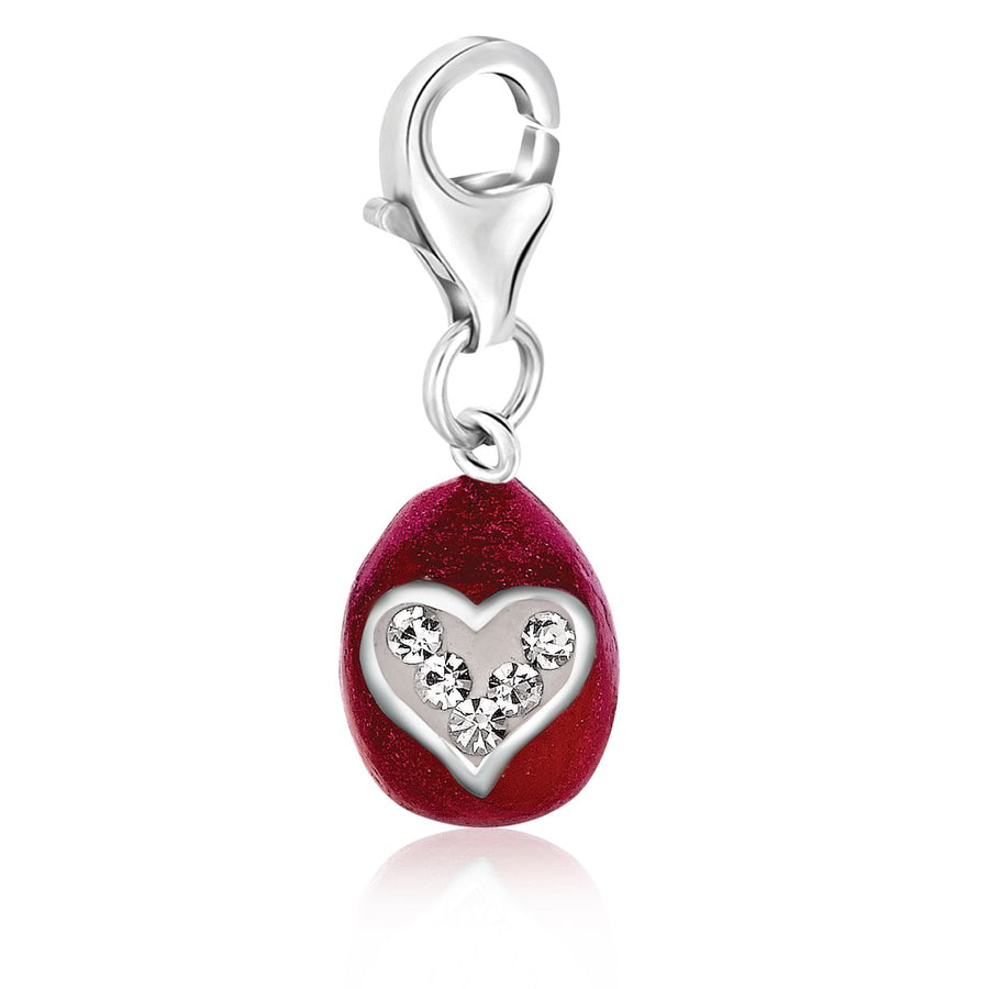 Sterling Silver Red Finished Charm with a White Tone Crystal Accented Heart