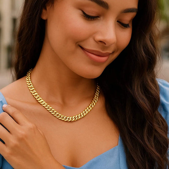 14K yellow gold Cuban chain choker necklace with flat interlocking links