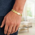 14K yellow gold mens wide curb chain ID bracelet with box clasp