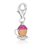 Sterling silver tea cup charm set with multi-color crystals on bowl and handle thumbnail 1