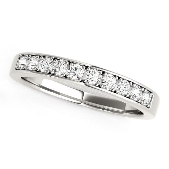 14K white gold ring with channel-set round diamonds across the band