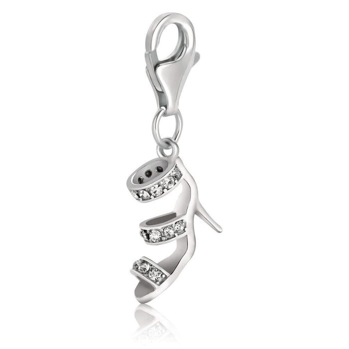 Sterling Silver High Heel Shoe Charm Embellished with White Tone Crystal Accents