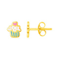 14K yellow gold cupcake stud earrings with fired enamel detail