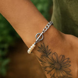 Sterling Silver Rhodium Plated Pearl Pearl Curb Toggle Bracelet (4.50 mm) thumbnail 4