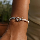 Sterling Silver Rhodium Plated Pearl Pearl Curb Toggle Bracelet (4.50 mm) thumbnail 6