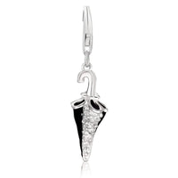 Sterling Silver Black Enameled Umbrella Charm with White Crystal Embellishments