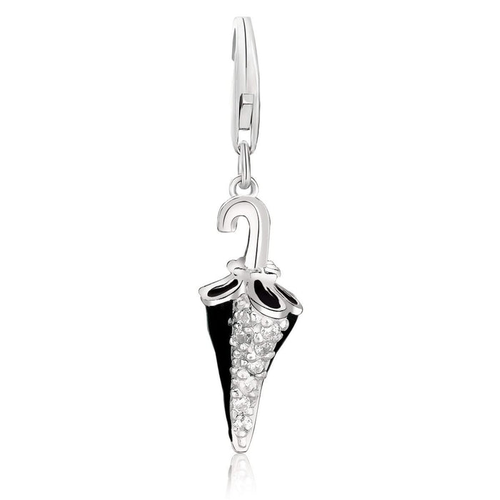 Sterling Silver Black Enameled Umbrella Charm with White Crystal Embellishments