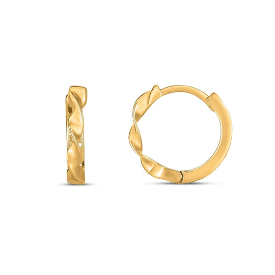 14K yellow gold twist huggie hoop earrings with rope pattern