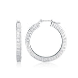 14K White Gold Flat Hoop Earrings with Diamond-Cut Finish thumbnail 1