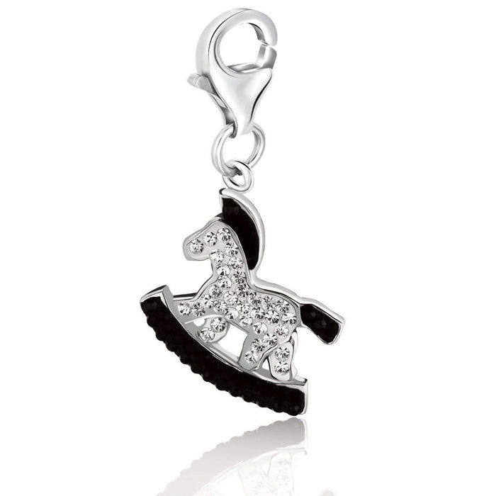 Sterling Silver Rocking Horse Charm with Black and White Crystal Accents