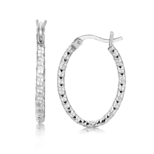 Sterling Silver Hoop Diamond Cut Texture Earrings with Rhodium Plating(2x15mm)