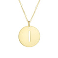 14K yellow gold disc initial I pendant with polished round face and top bail