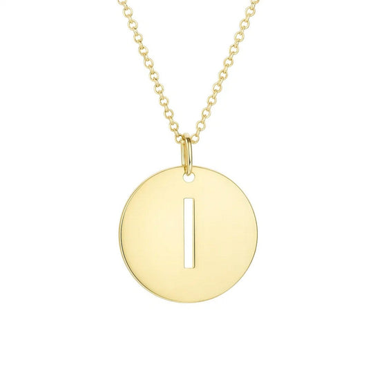 14K yellow gold disc initial I pendant with polished round face and top bail