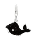 Sterling silver whale charm with black tone finish and small crystal accents