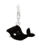 Sterling silver whale charm with black tone finish and small crystal accents thumbnail 1