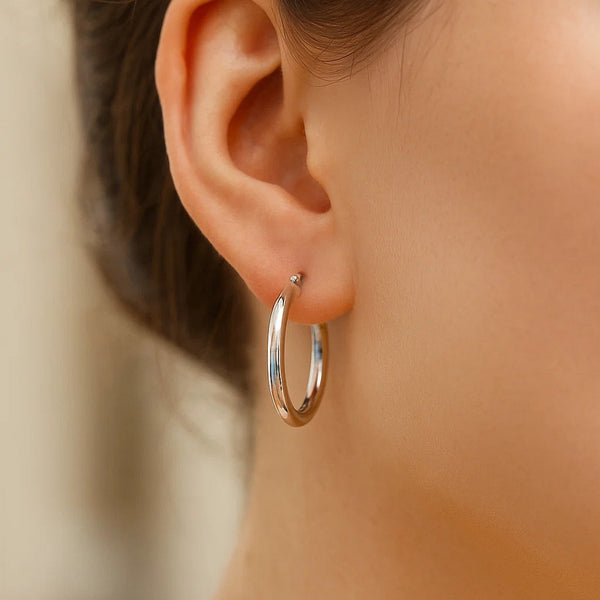 14k White Gold Polished Hoop Earrings (3x20mm)