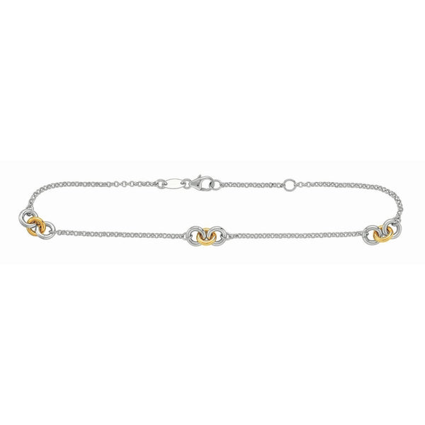 14k Yellow Gold and Sterling Silver Triple Ring Stationed Anklet