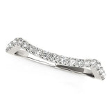 14K white gold wedding band with round diamond stones along a curved line thumbnail 1