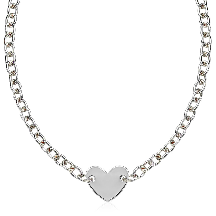 Sterling Silver Rhodium Plated Chain Bracelet with a Flat Heart Motif Station