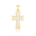 14K two-tone gold dual cross pendant with block ends, no stones