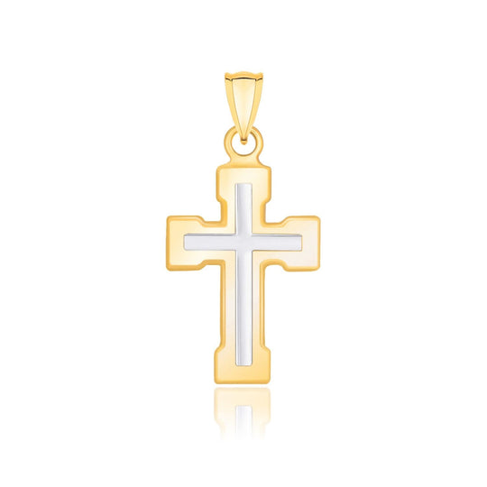 14K two-tone gold dual cross pendant with block ends, no stones