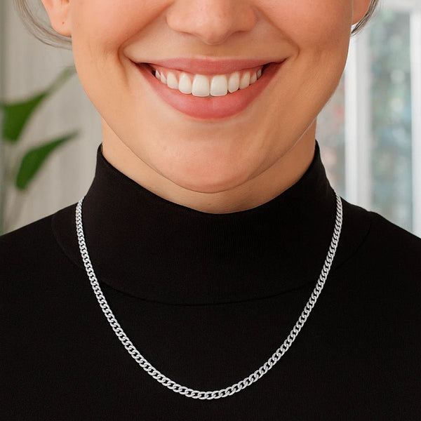 Rhodium Plated 3.7mm Sterling Silver Curb Style Chain (3.70 mm)