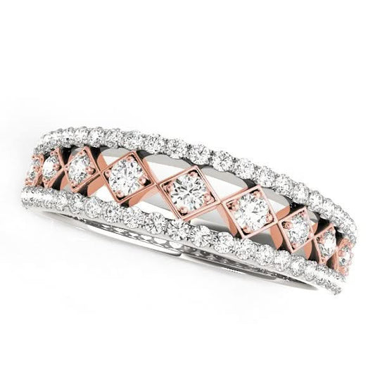 14K rose and white gold diamond band with two rows of channel-set diamonds