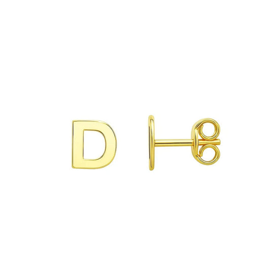 14K yellow gold initial D ring with raised polished letter on a flat face