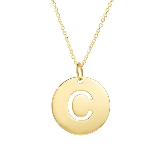 14K yellow gold disc initial C pendant with cutout letter