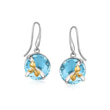 18K Yellow Gold and Sterling Silver Bow Motif Round Blue Topaz Drop Earrings thumbnail 1