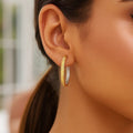 White gold two-tone patterned medium hoop earrings, 3x30mm