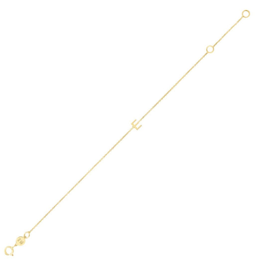 14K yellow gold mini initial E bracelet on a fine cable chain