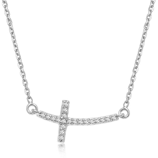 14K white gold curved cross necklace with diamond studded accents