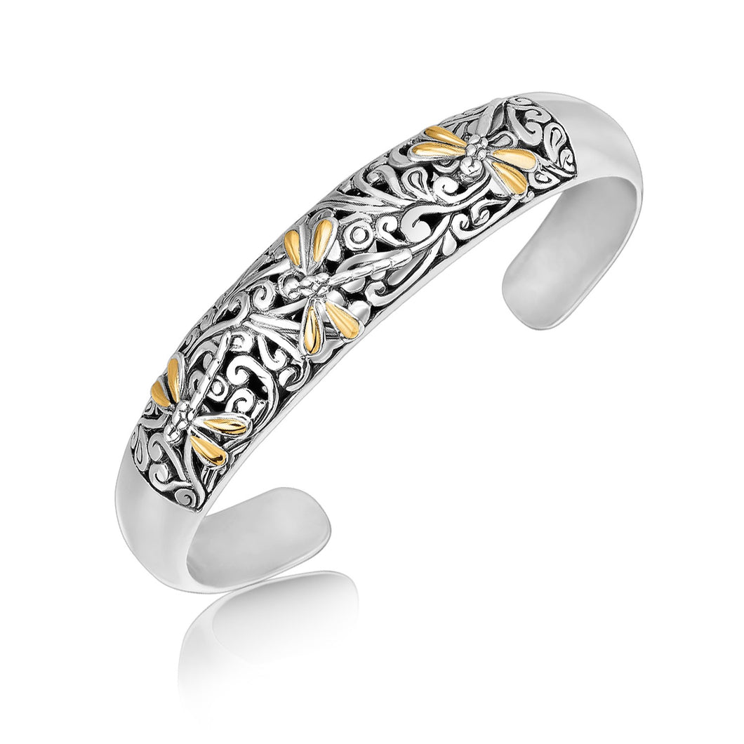 18k Yellow Gold and Sterling Silver Cuff with Dragonfly and Flourishes (12.70 mm)